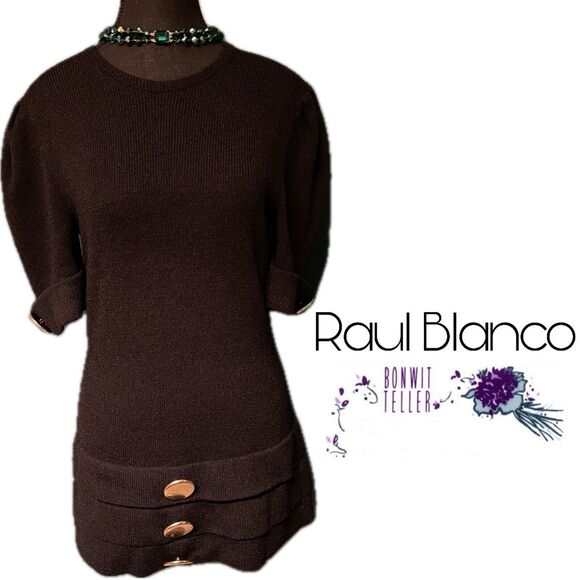 Vtg 80s Raul Blanco Bonwit Teller Hand Loomed Gold Button Blk Sweater Dress Sz 6 - Picture 6 of 13